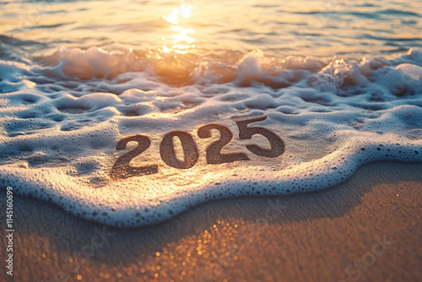 Fototapeta 2025 written in sand with a gentle ocean wave washing over it
