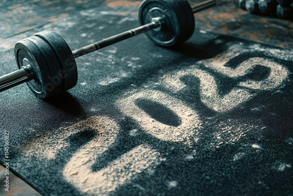 Obraz The numbers 2025 written in white chalk dust on a gym floor next to a loaded barbell