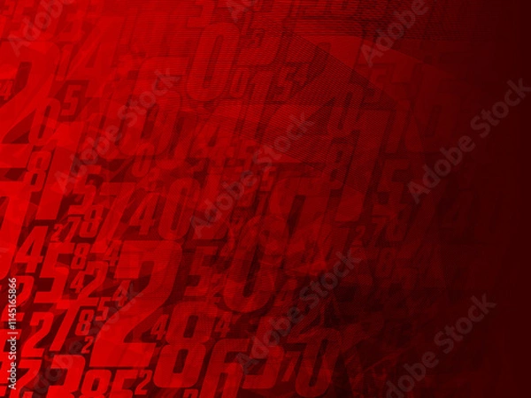 Fototapeta large and small numbers overlapped and blur line curve on gradient red and black background, maths, decor, fashion, business, copy space