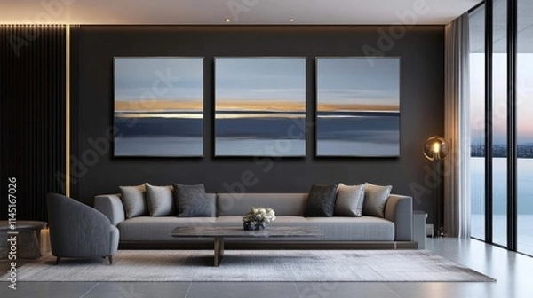 Obraz Three-panel abstract wall art in blue and grey tones with golden accents decorates stylish living room, creating a calming atmosphere