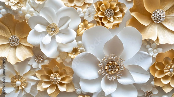 Fototapeta A luxurious paper flower bouquet with gold and white blooms accented by sparkling rhinestones and pearls.