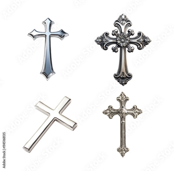 Fototapeta Silver cross isolated on transparent background.