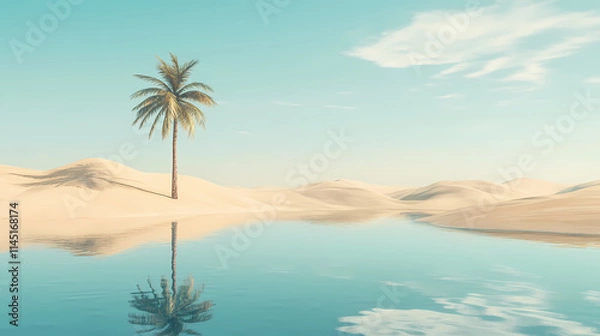 Fototapeta Photorealistic image of a small desert oasis with a single palm tree reflected in crystalclear water surrounded by soft golden sand dunes stretching into the horizon. Oasis. Illustration