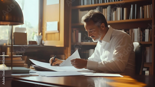 Fototapeta A male notary in a bright office space flipping through legal documents and writing notes on his desk.