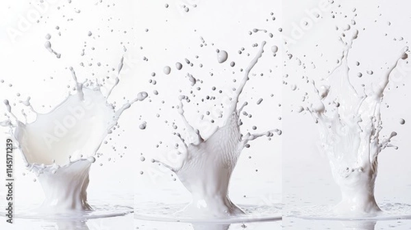 Fototapeta Three milk splashes on white background.