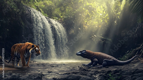Fototapeta A prowling tiger moves toward a Komodo dragon sunbathing near a lush jungle waterfall their focus locked in a moment of tension.