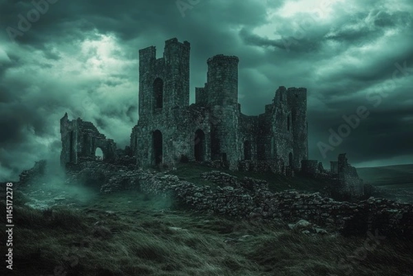 Fototapeta Dramatic Clouds Over Ancient Castle Ruins on a Hill: A Glimpse into Historical Fortifications