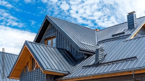 Fototapeta Contemporary House with Unique Sloped Metal Roof in Bright Blue Sky Scene, Concept of Modern Architecture, Sustainable Building Design, Innovative Roofing Structures