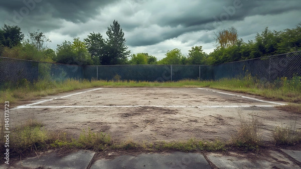 Fototapeta A rugged baseball field with cracked dirt and faded chalk lines surrounded by a chain-link fence and overgrown grass.