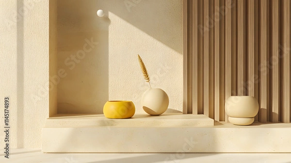 Fototapeta A modern design concept combining marble light wood and yellow ceramics accented with beige details.