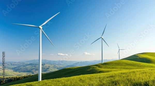Fototapeta Wind turbines on the hill, Wind power generation electricity, clean energy concept, renewable energy