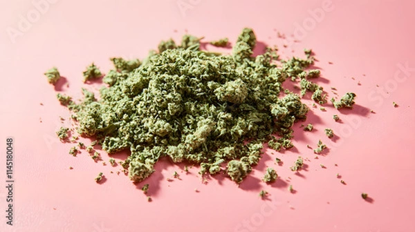 Fototapeta A rich display of finely ground marijuana and sticky buds on a pastel-hued gradient ground.