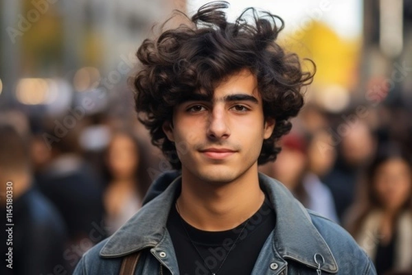Obraz A young man with curly hair stands in a crowd of people