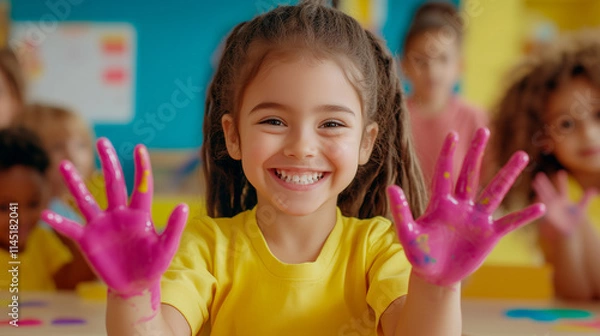 Obraz Girl with Pink Paint on Hands in Classroom Setting
