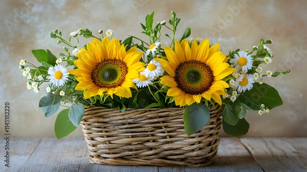 Fototapeta A rustic bouquet of two sunflowers paired with small daisies and leafy stems arranged in a woven basket.