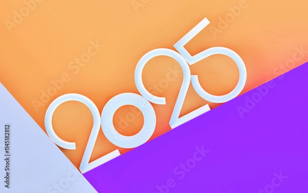 Fototapeta Happy new year 2025; simple white sloped geometric text on purple and orange background with copy space, 3d rendering, 3d illustration	