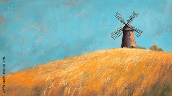 Fototapeta A rustic windmill on a hill drawn with oil pastels surrounded by golden fields and a soft blue sky.