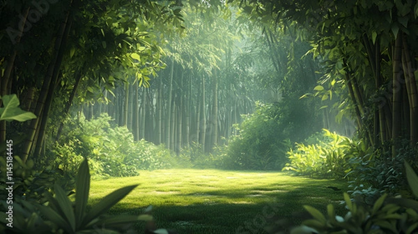 Fototapeta A tropical jungle clearing bordered by towering bamboo stalks and dense vines with a soft breeze stirring the foliage.