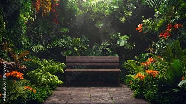 Fototapeta A tropical jungle clearing with a weathered wooden bench surrounded by ferns vines and colorful tropical flowers.