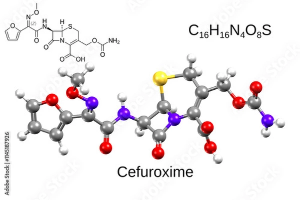 Fototapeta Chemical formula, structural formula and 3D ball-and-stick model of antibiotic cefuroxime