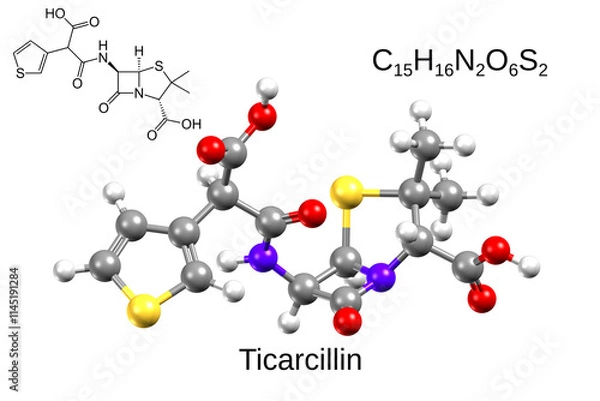 Fototapeta Chemical formula, structural formula and 3D ball-and-stick model of antibiotic ticarcillin