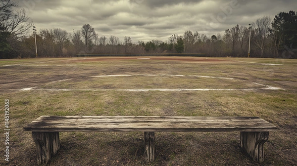Fototapeta A weathered baseball field with faded chalk lines and patches of grass missing surrounded by rustic wooden bleachers.