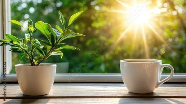 Fototapeta Bright sunlight filters through a window, creating a warm ambiance around a coffee cup and small plant on the table