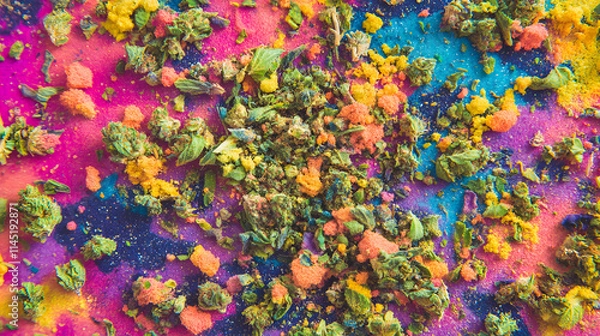 Fototapeta A vibrant pile of finely ground weed and fresh green buds resting on a colorful gradient background.