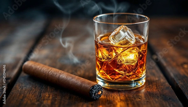 Fototapeta Enjoying a fine whiskey on the rocks with a cigar in a cozy, rustic setting during the evening