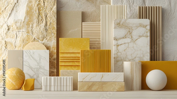 Fototapeta A warm-toned material board featuring natural light wood beige lines marble textures and bright yellow ceramics.