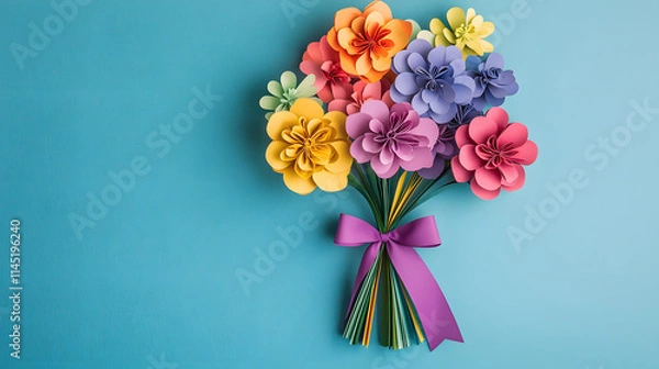 Fototapeta A whimsical paper flower bouquet featuring multi-colored blooms in a rainbow gradient tied with a colorful ribbon.