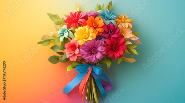 Fototapeta A whimsical paper flower bouquet featuring multi-colored blooms in a rainbow gradient tied with a colorful ribbon.