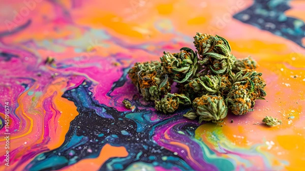 Fototapeta A beautifully arranged pile of crushed weed and vibrant buds placed on a psychedelic abstract surface.