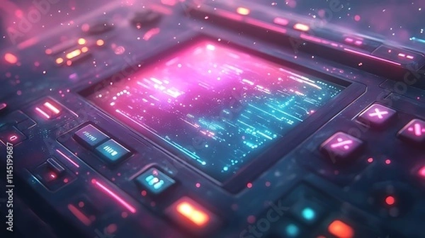 Fototapeta Glowing glitch effect on a digital game console screen with vibrant distortion effects