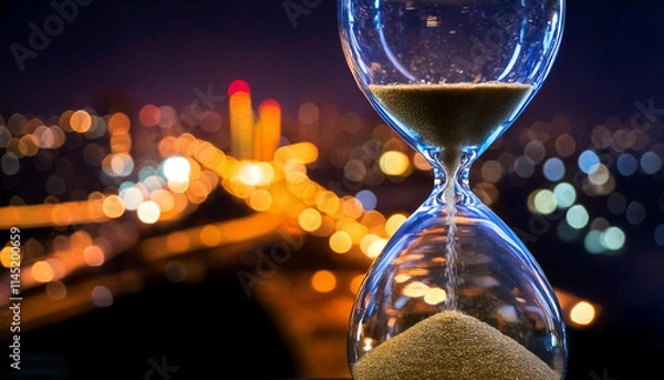 Fototapeta Hourglass in close and cosmopolitan city at nignt in the background with vivid colors and long exposure.