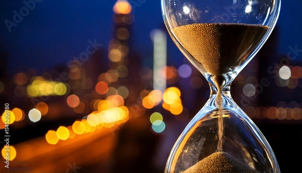 Fototapeta Hourglass in close and cosmopolitan city at nignt in the background with vivid colors and long exposure.