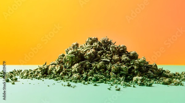 Fototapeta A carefully curated pile of crushed weed and green buds atop a bright gradient-colored background.