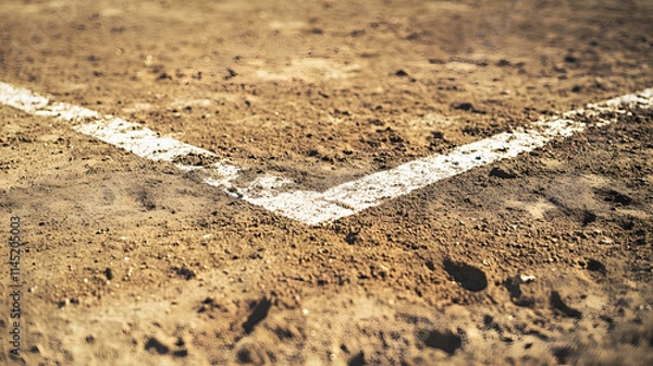 Fototapeta A close-up view of a home plate on a baseball field with dirt scattered across it and fresh white chalk lines.