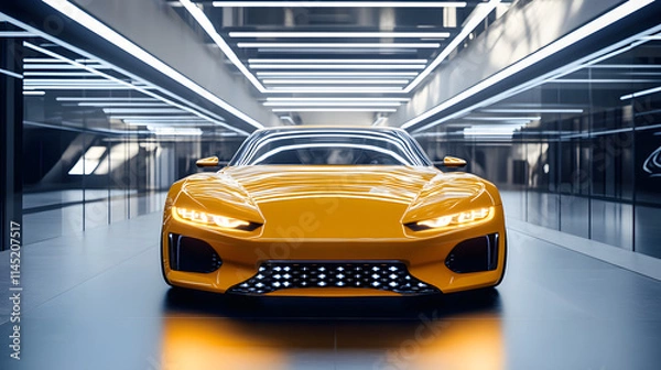 Fototapeta A concept sports car front view with ultra-modern geometric headlights on parked in a futuristic showroom.