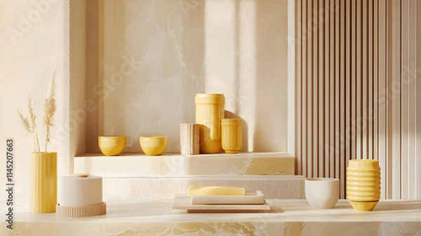 Fototapeta A curated display of design elements combining yellow ceramics soft beige tones light wood panels and marble slabs.
