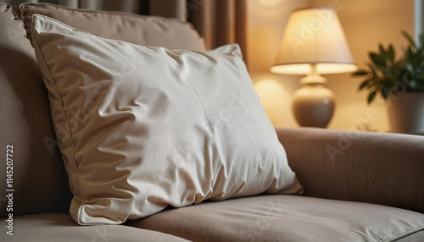 Obraz Cozy armchair with satin pillow in warm lamp light.