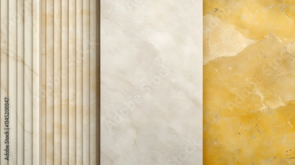 Fototapeta A design board displaying smooth marble pale wood textures beige accents and yellow ceramic tiles.