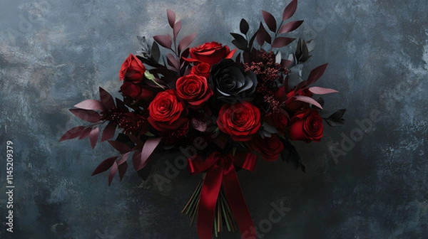 Fototapeta A dramatic monochromatic paper flower bouquet with deep red roses crimson peonies and dark foliage tied with a velvet ribbon.