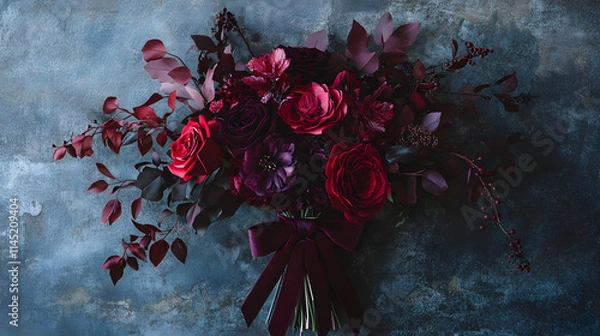 Fototapeta A dramatic monochromatic paper flower bouquet with deep red roses crimson peonies and dark foliage tied with a velvet ribbon.