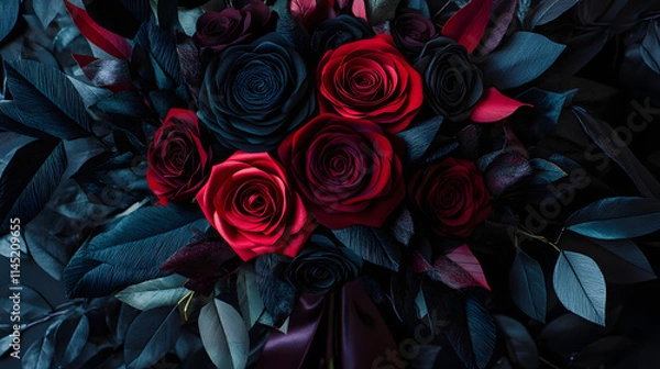 Fototapeta A dramatic paper flower bouquet with deep red roses and black foliage tied with a velvet ribbon.