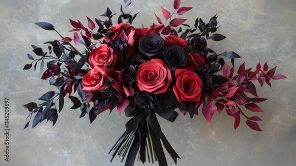 Fototapeta A dramatic paper flower bouquet with deep red roses and black foliage tied with a velvet ribbon.