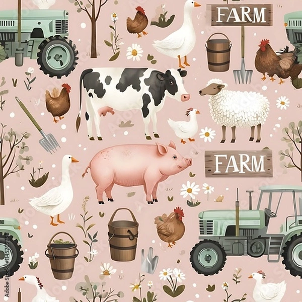 Fototapeta farm animals collection Seamless Patterns