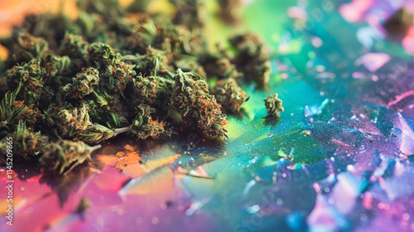 Fototapeta A dramatic pile of crushed weed and compact buds on a striking rainbow-colored surface.