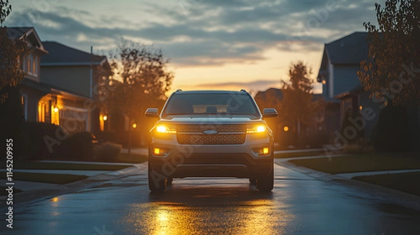 Fototapeta A family-friendly SUV front view with soft yellow headlights glowing warmly parked in a suburban driveway at dawn.