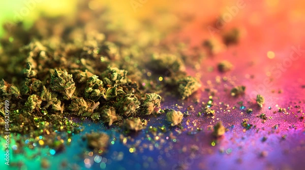Fototapeta A dramatic pile of crushed weed and compact buds on a striking rainbow-colored surface.